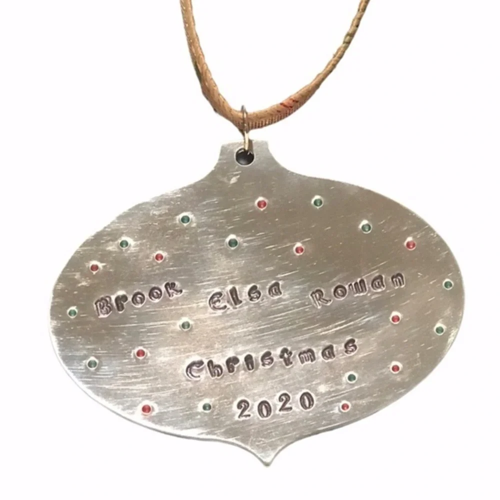 Handmade stamped Personalized silver aluminum  holiday tree Christmas‎ ornament